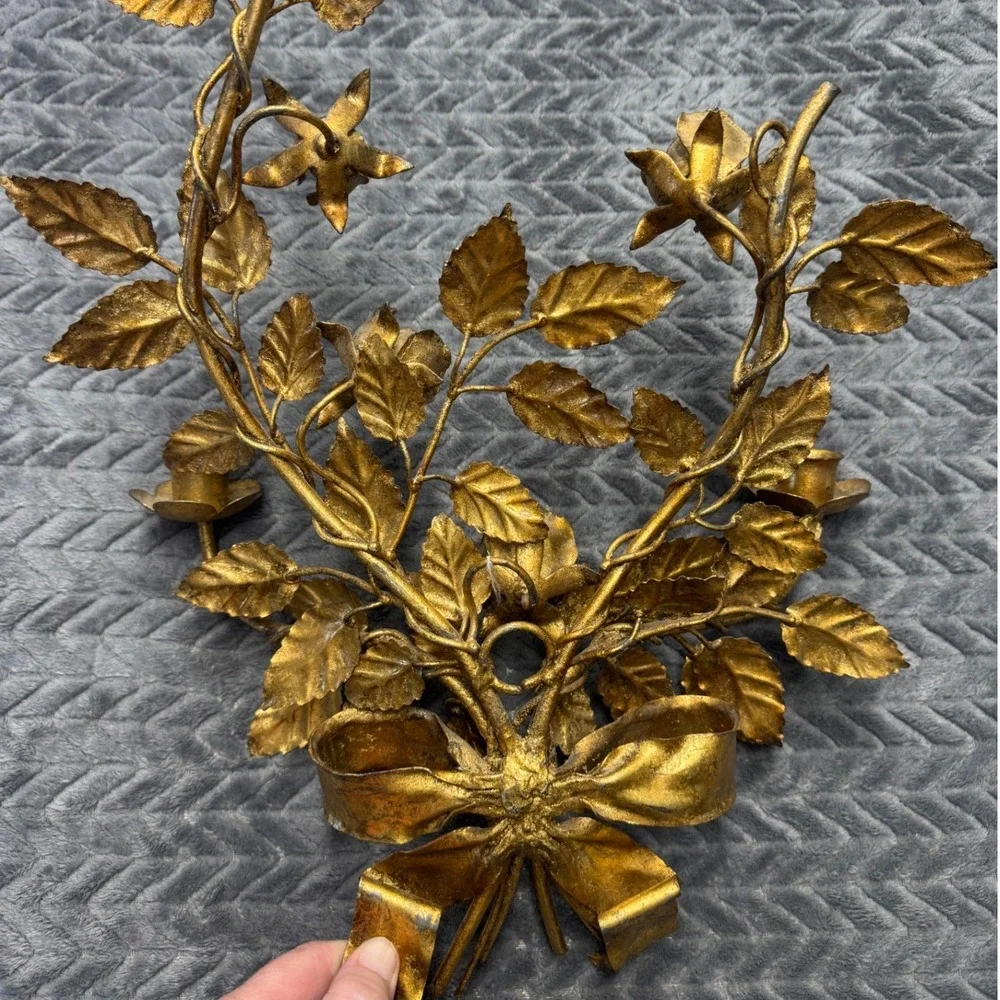 Vintage Gold Gilt Metal Rose Bouquet Wall Sconce Double Candle Holder Florentine